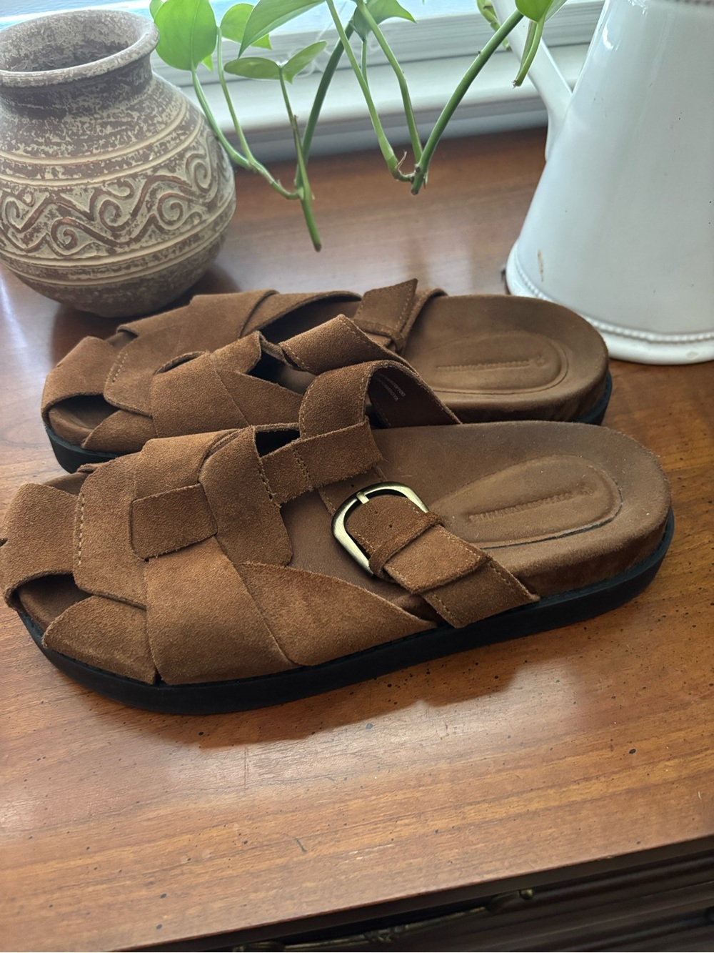 Stradivarius Brown Suede Leather Cage Slide Sandals
